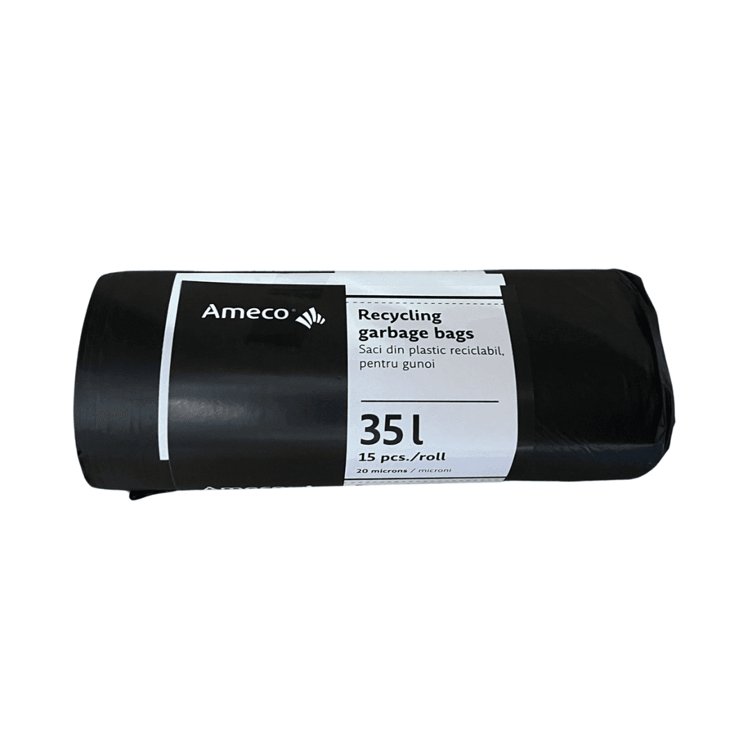 Saci plastic reciclabil, standard,  35L, 50x60cm, 20 microni, 15buc/rola, Ameco - negri