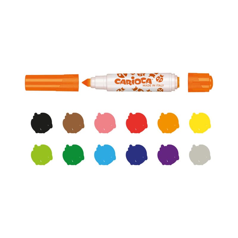 Set  6 markere lavabile, cu 6 stampile diverse forme, cutie carton, CARIOCA Stamperello