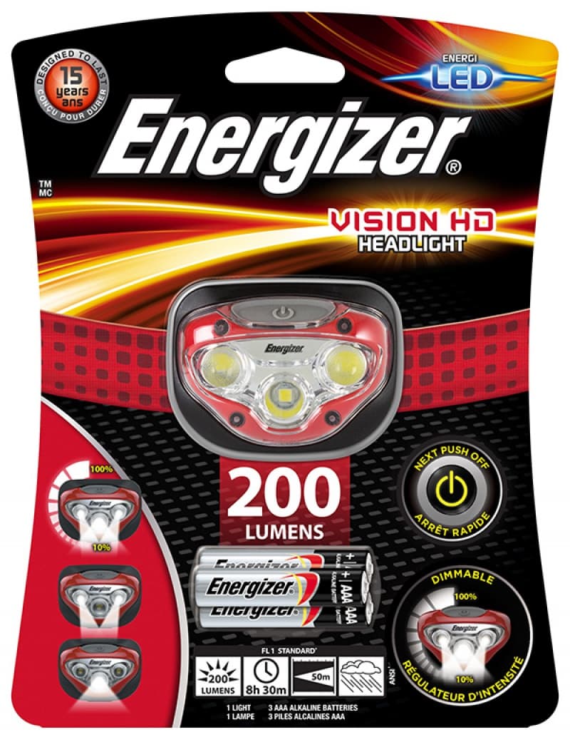 Lanterna de cap Vision HD Headlight rosie, 200 lumeni, raza de 50m + 3 baterii AAA, Energizer