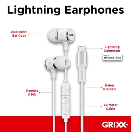 Casti GRIXX - pentru iPhone/iPad/iPod, cu telecomanda si microfon, nylon impletit - albe