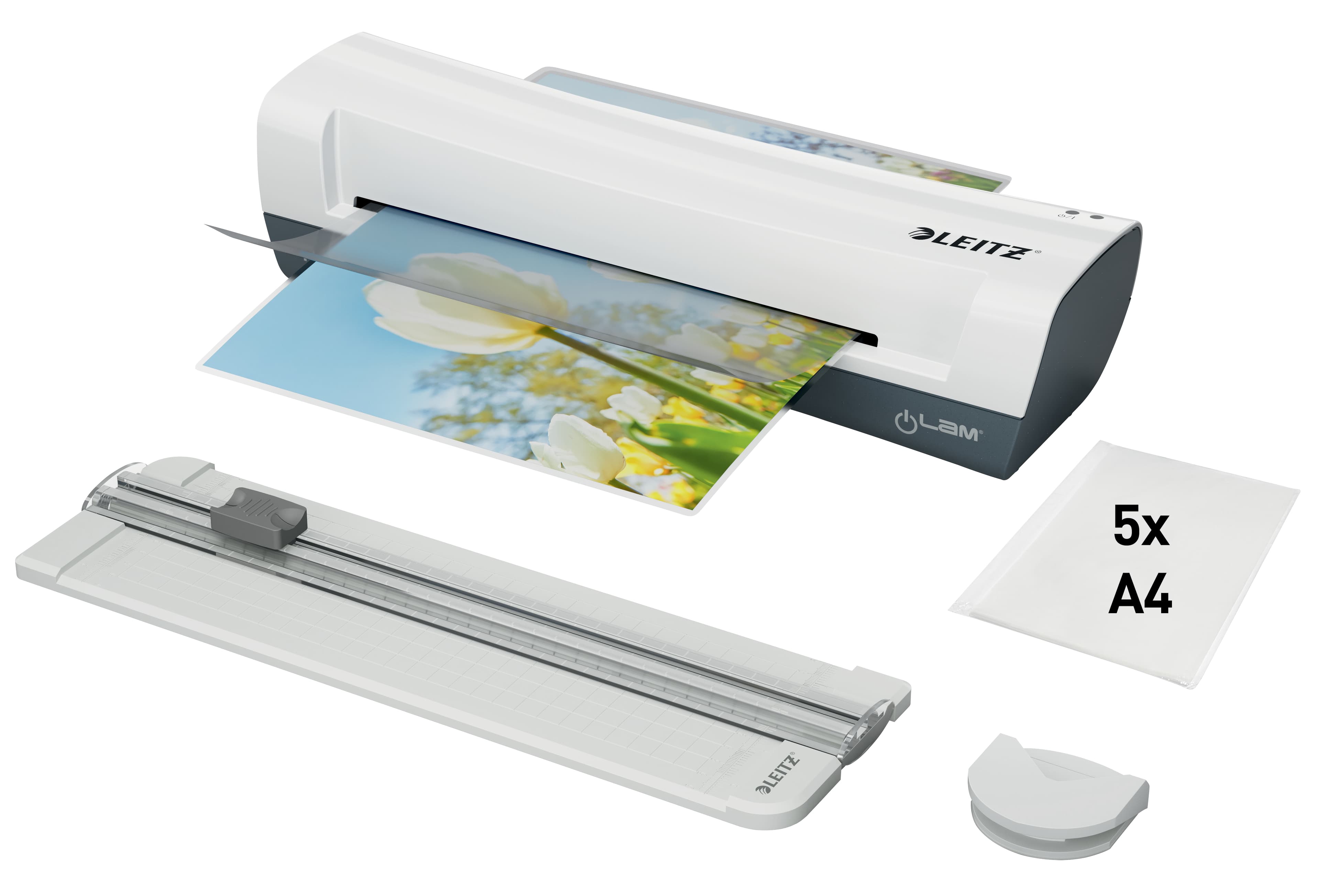 Set crafting Leitz, 4 in 1, include laminator Leitz iLAM Home A4, trimmer, rotunjitor, 5 folii laminare A4
