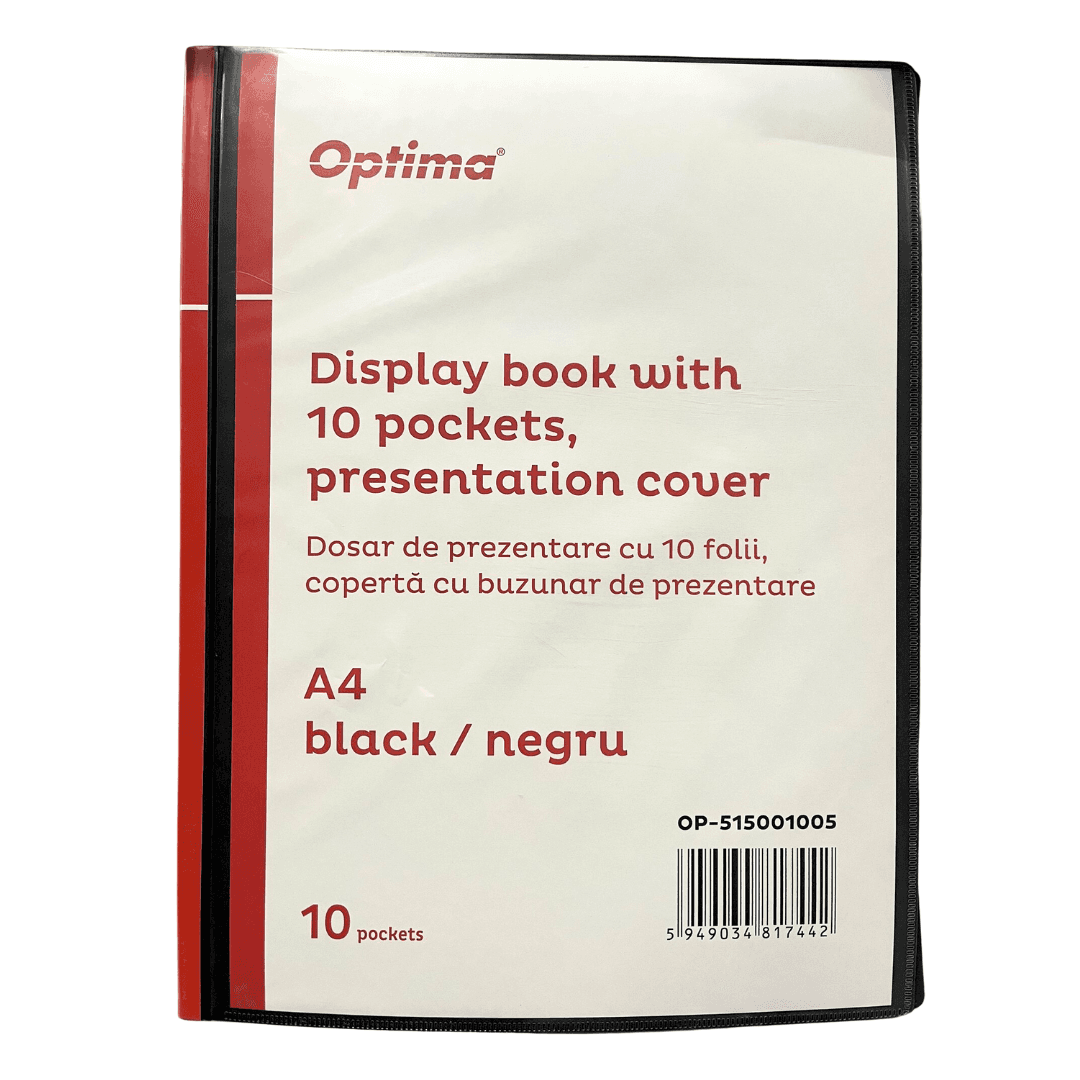 Dosar de prezentare personalizabil, A4, cu  10 folii, coperta rigida, Optima - negru