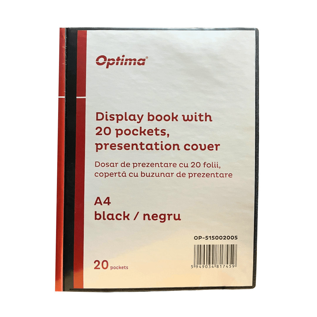 Dosar de prezentare personalizabil, A4, cu  20 folii, coperta rigida, Optima - negru