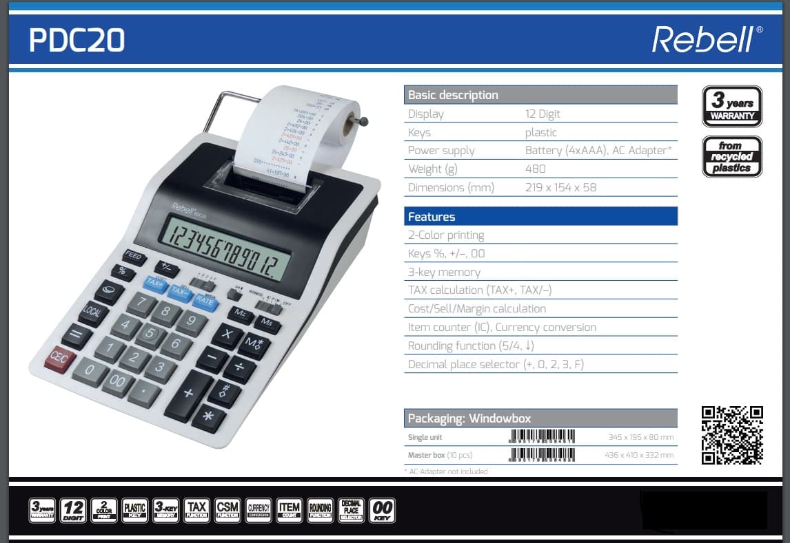 Calculator cu banda, 12 digits, 219 x 154 x 58 mm, Rebell PDC 20 - alb/negru