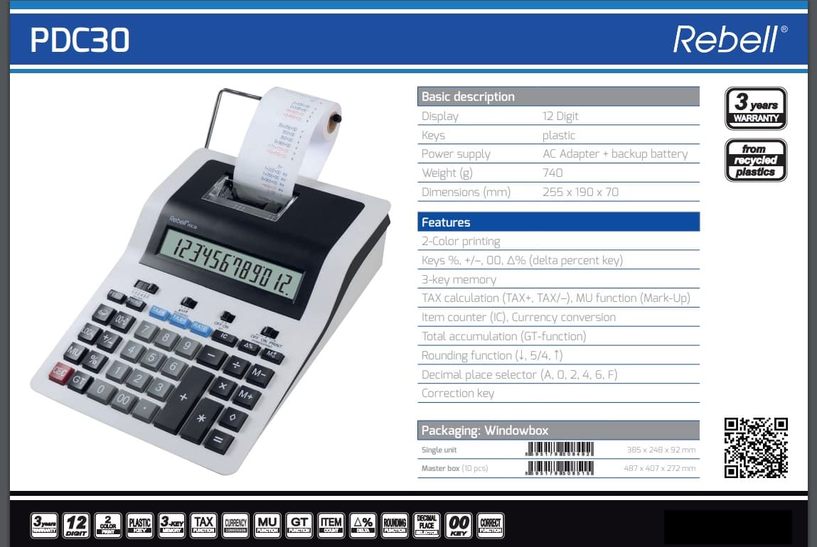 Calculator cu banda, 12 digits, 255 x 190 x 70 mm, Rebell PDC 30 - alb/negru