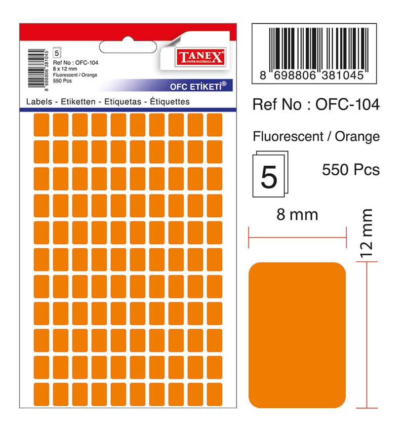 Etichete autoadezive color,  8 x 12 mm, 550 buc/set, TANEX - orange fluorescent