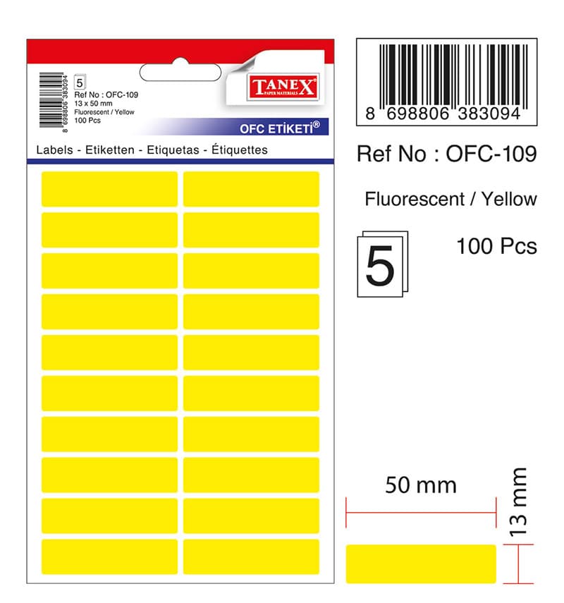 Etichete autoadezive color, 13 x 50 mm, 100 buc/set, TANEX - galben fluorescent