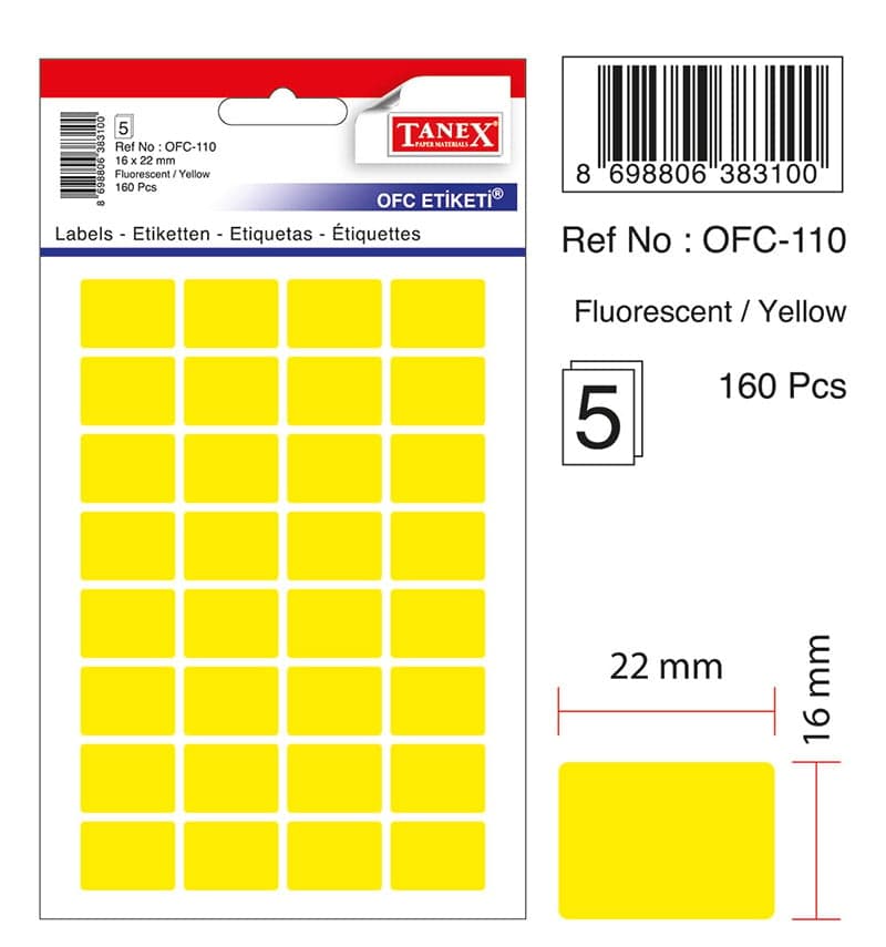 Etichete autoadezive color, 16 x 22 mm, 160 buc/set, TANEX - galben fluorescent