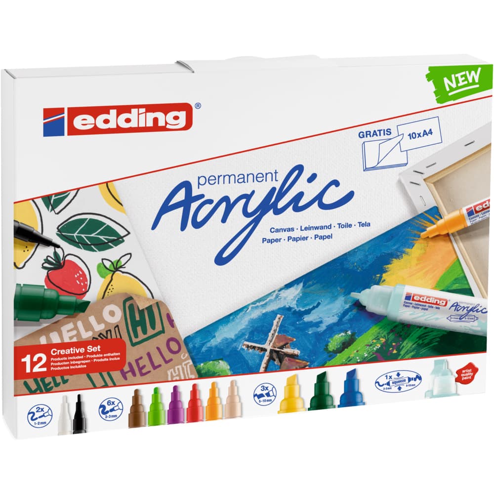 Set markere acrilice Edding, 12 bucati, varf fin, mediu si lat, culori opace si semi-opace