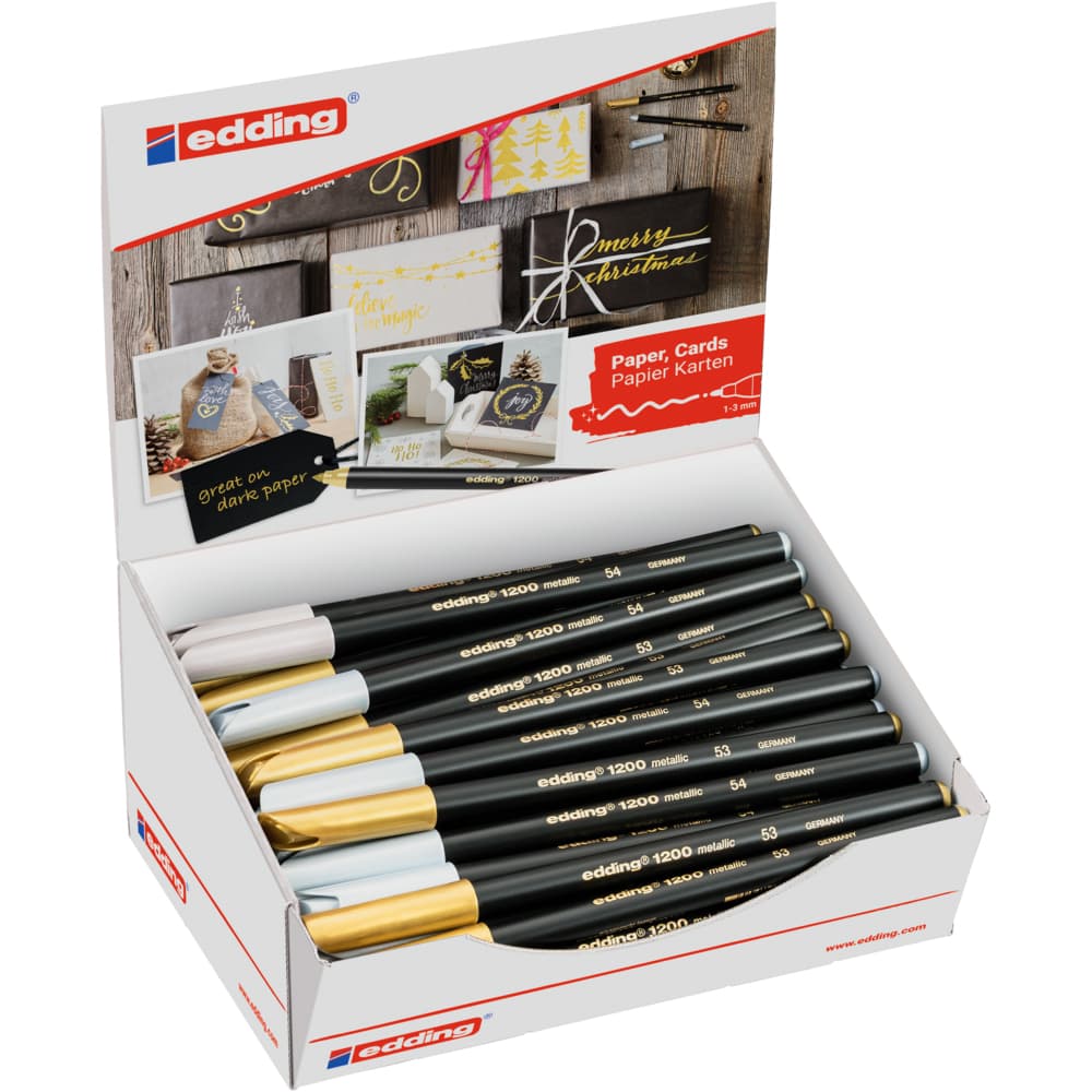 Marker Edding 1200, culori metalice, varf rotund 1-3 mm, set 50 bucati auriu si argintiu