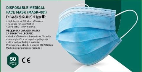 Masca medicala Type IIR - standard EN14683, 3 straturi, unica folosinta, 50 buc/set - alb/albastra