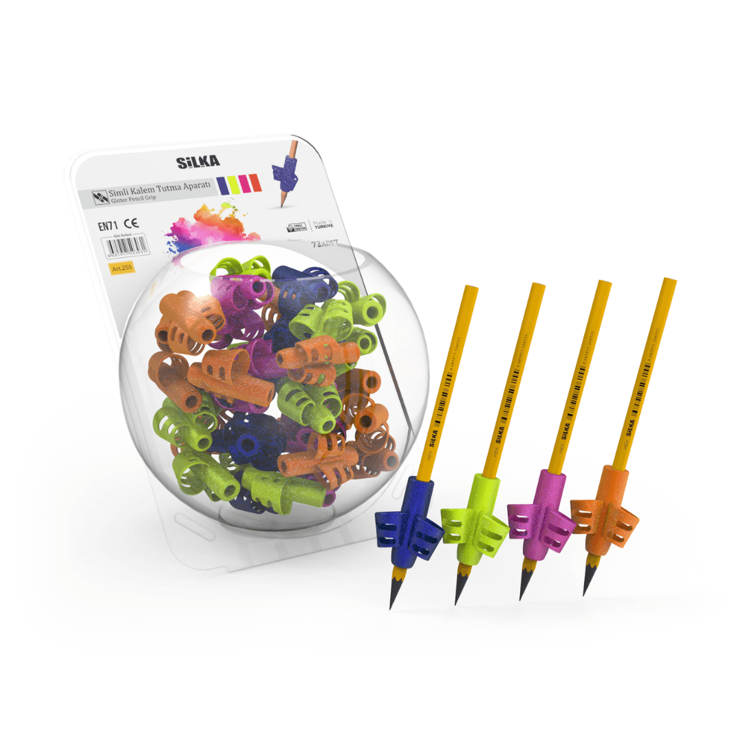 Display silicon grip pt creion, pt scriere de mana la copii, 72buc/display, SILKA Glitter-design erg