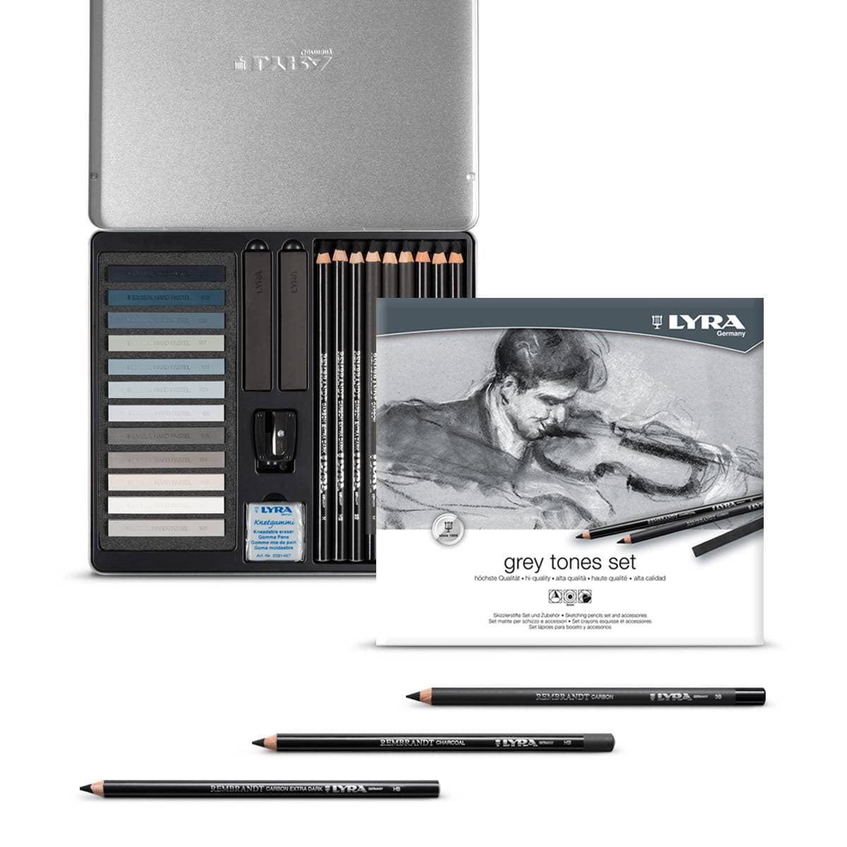 Creioane + accesorii, LYRA Rembrandt, pentru desene si schite, 25piese/cutie metalica-tonuri de gri