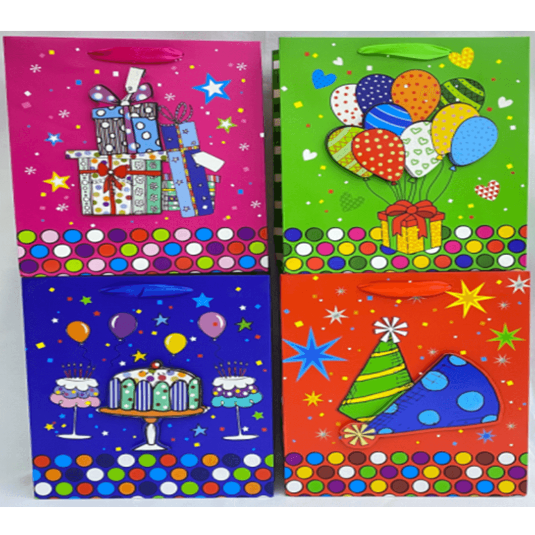 Punga cadou, carton glitter 3D, design Birthday, 32x26x10cm, modele asortate