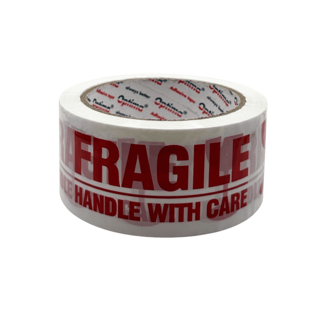 Banda adeziva pentru ambalare, 48mm x 60 m, 50 microni, Optima Fragile - alba cu imprimare rosie