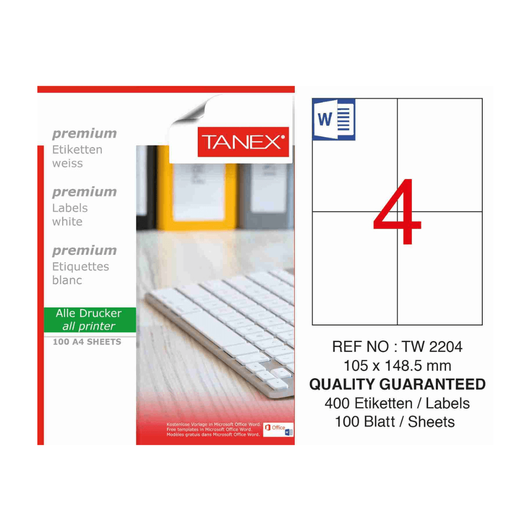 Etichete albe autoadezive, repozitionabile, 4/A4, 105x148.5mm, 25 coli/top, TANEX, colturi drepte