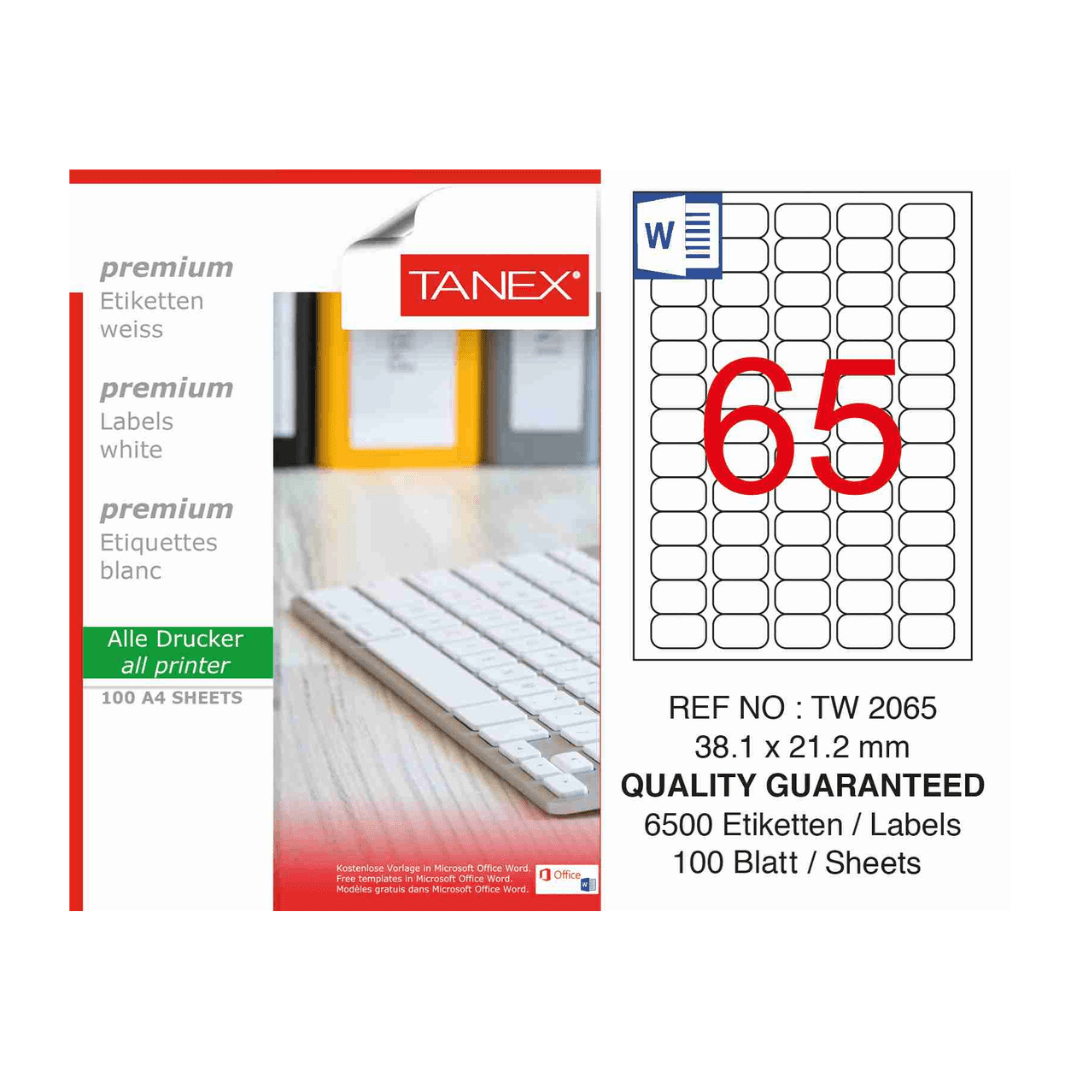 Etichete albe autoadezive, repozitionabile, 65/A4, 38.1x21.2mm, 25 coli/top, TANEX, colturi rotunjit