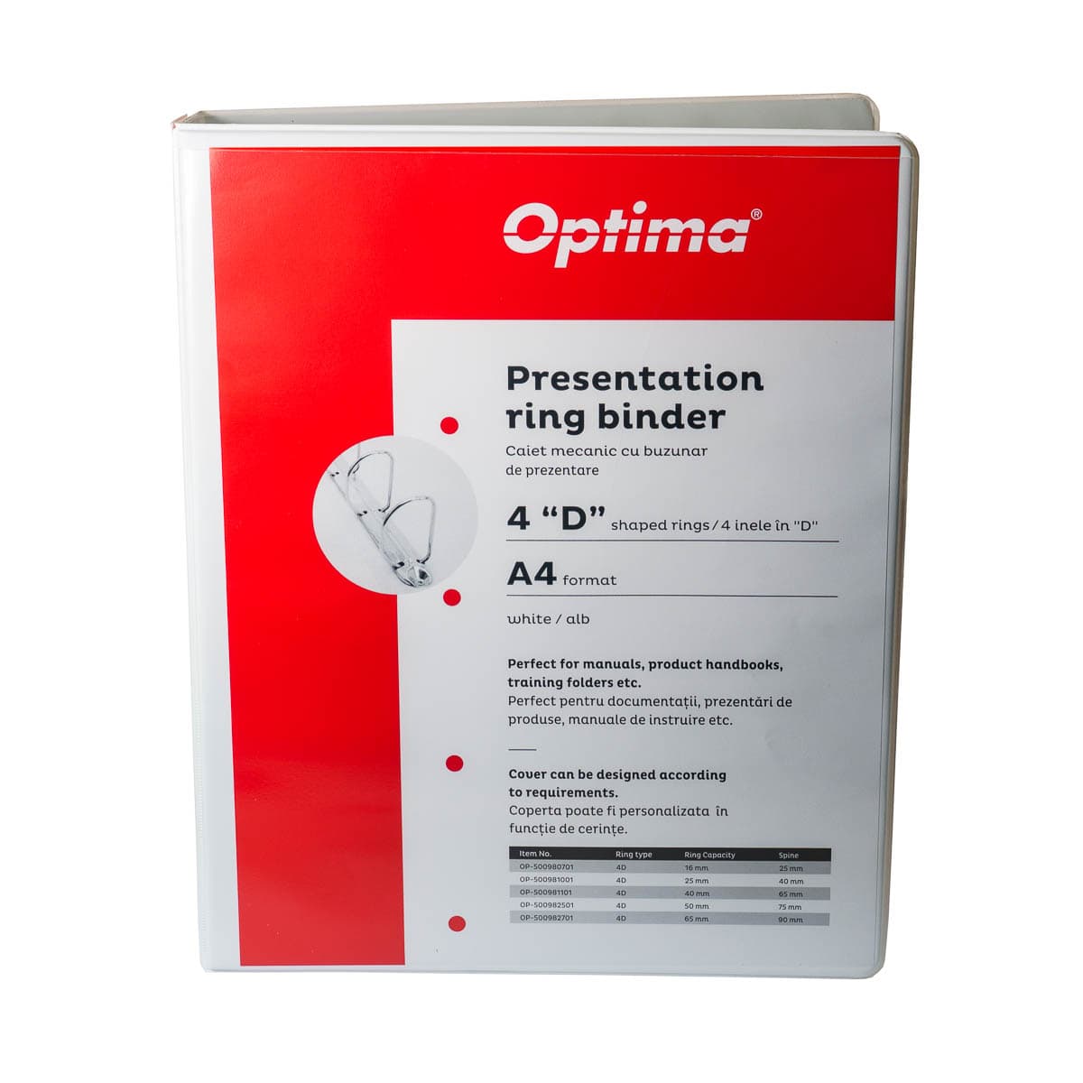 Caiet mecanic A4, cu buzunar, plastifiat PP, 4 inele - D16 mm, cotor 25mm, Optima - alb