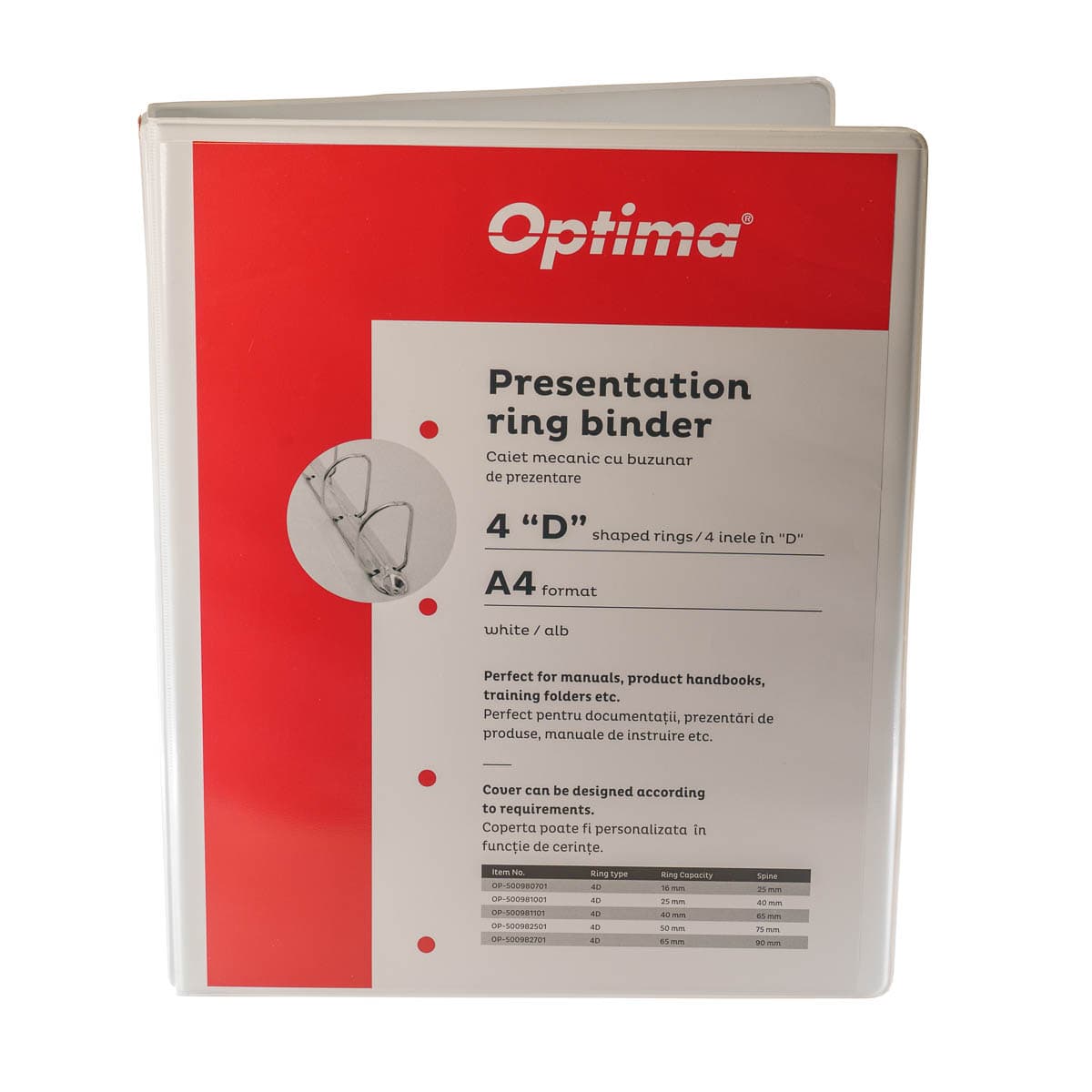 Caiet mecanic A4, cu buzunar, plastifiat PP, 4 inele - D25 mm, cotor 40mm, Optima - alb