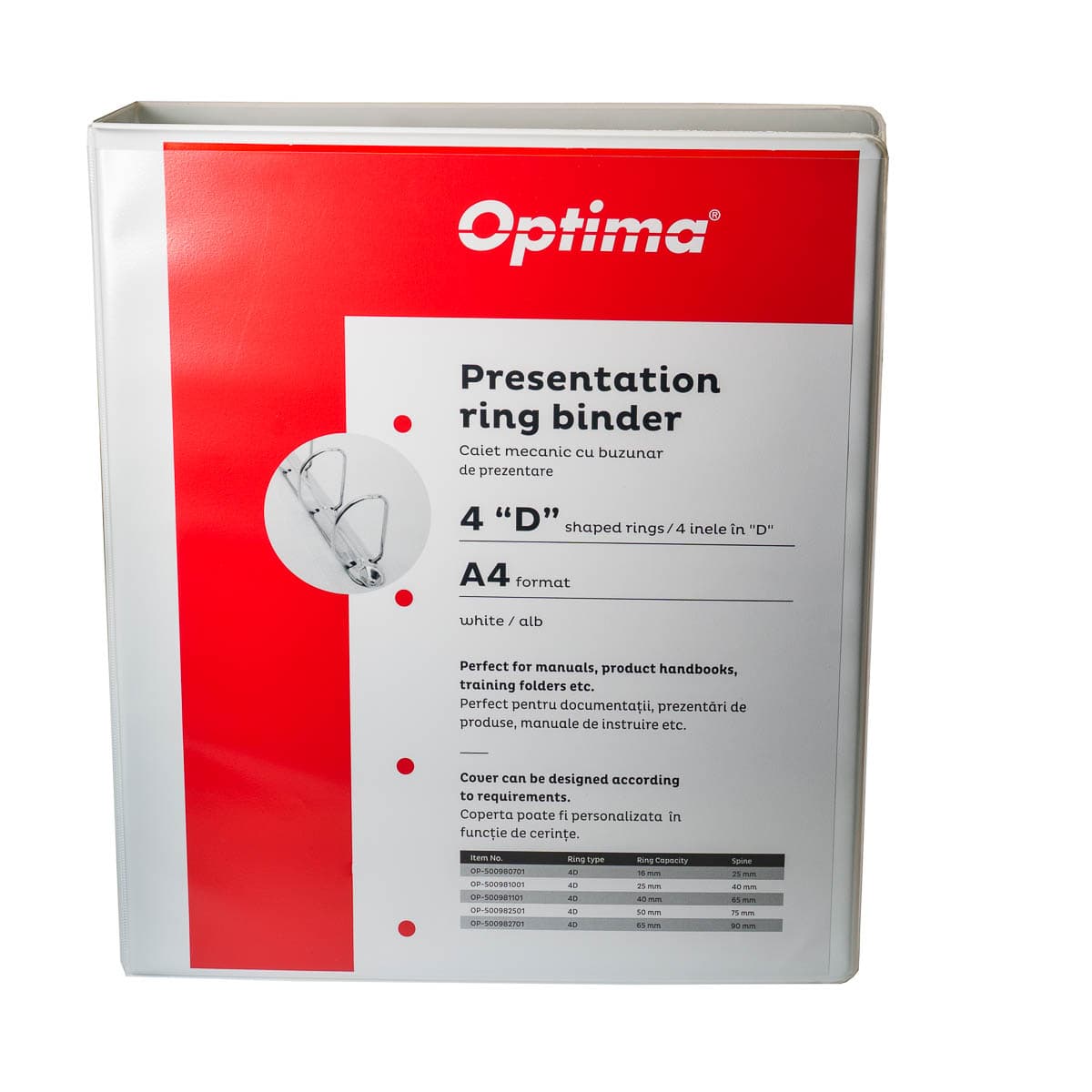 Caiet mecanic A4, cu buzunar, plastifiat PP, 4 inele - D40 mm, cotor 65mm, Optima - alb