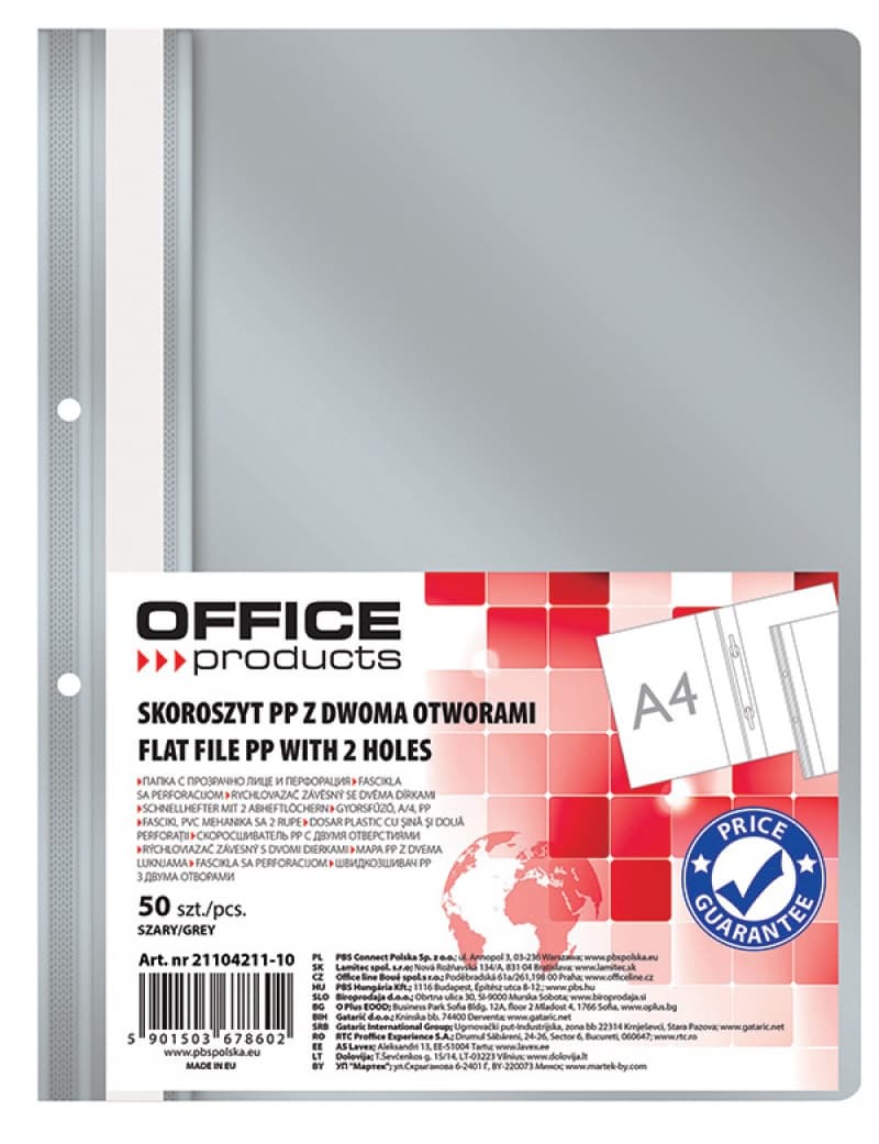 Dosar plastic PP cu sina, cu gauri, grosime 100/170microni, 50 buc/set, Office Products - gri