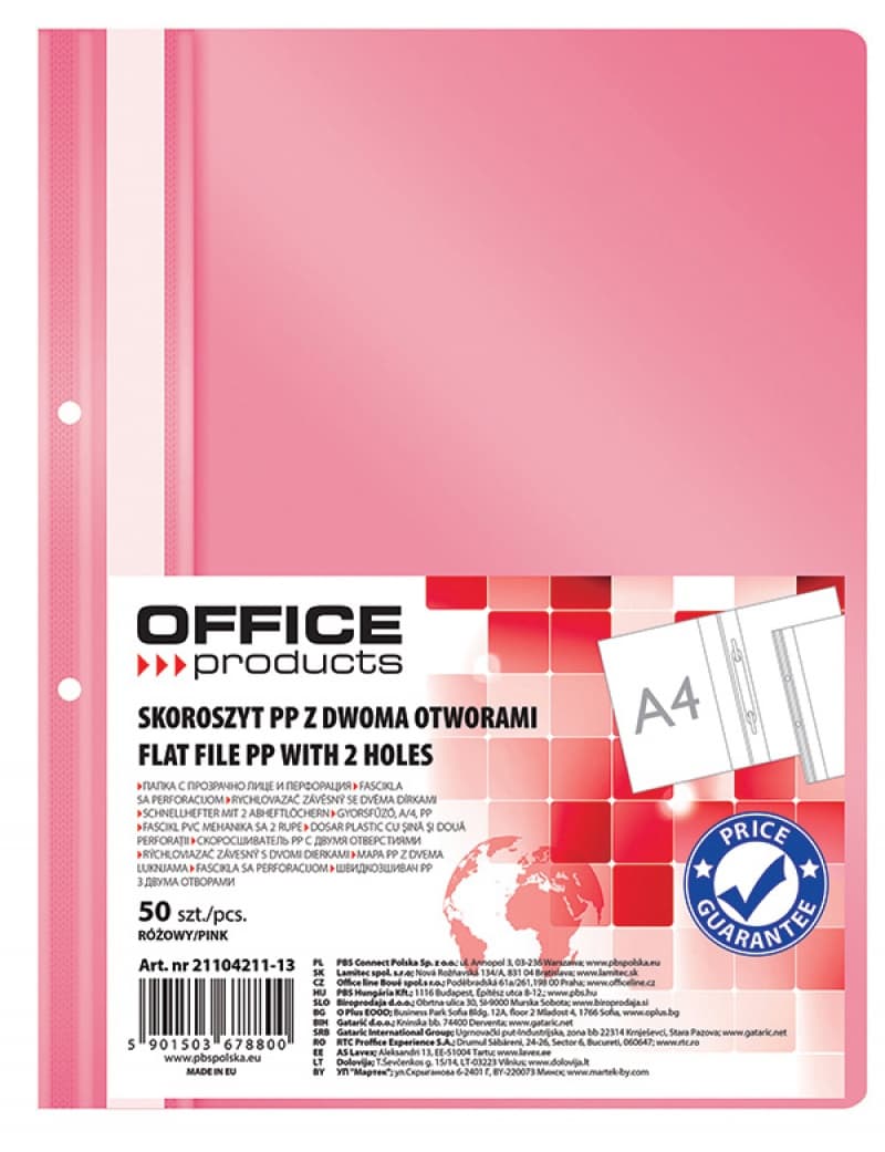 Dosar plastic PP cu sina, cu gauri, grosime 100/170microni, 50 buc/set, Office Products - roz