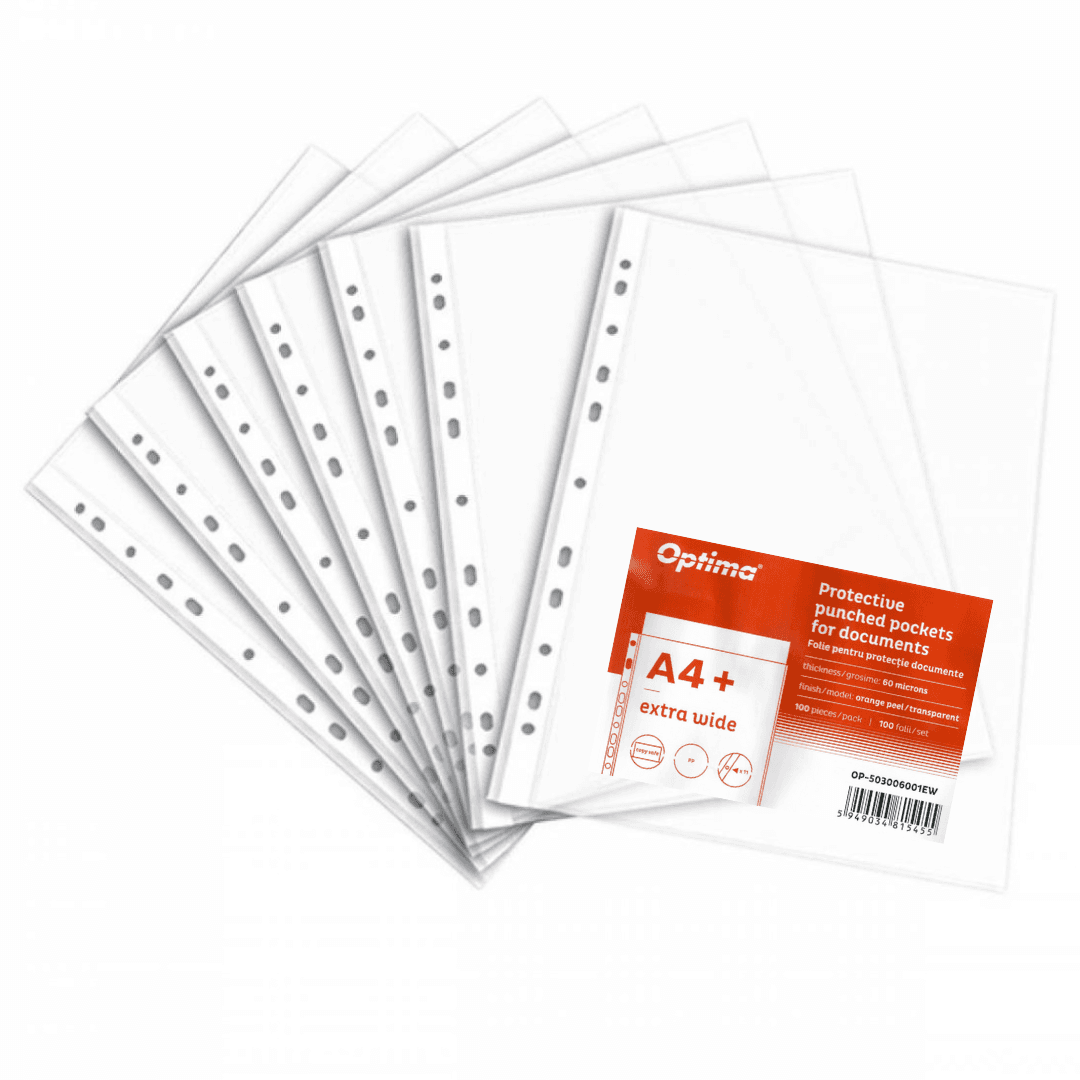 Folie protectie pentru documente A4, 60 microni, 100 folii/set, Optima Extra Wide - transparent