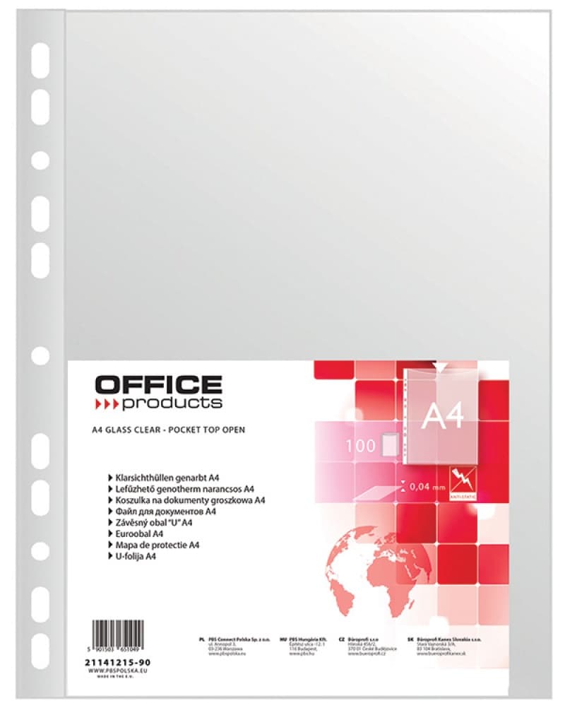 Folie protectie pentru documente A4, 40 microni, 100 folii/set, Office Products - transparenta
