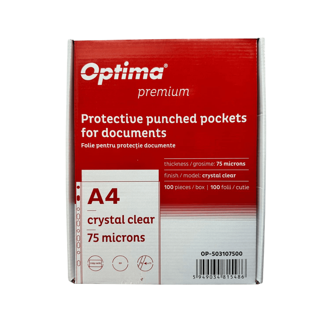 Folie protectie pentru documente A4, 75 microni, 100 folii/cutie, Optima Premium - cristal