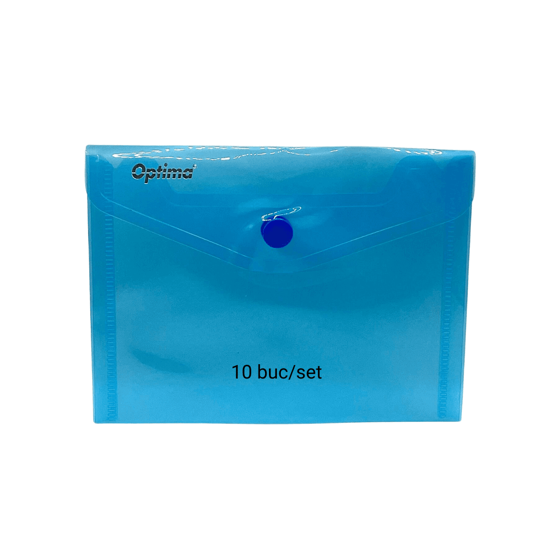 Mapa PP protectie documente A6 landscape, inchidere cu capsa, 10/set, Optima - albastru transparent