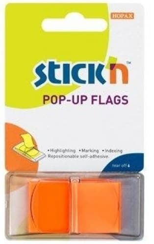 Film index autoadeziv 45 x 25mm, 50 file/set, cu dispenser, Stick'n Pop-up - transparent/portocaliu