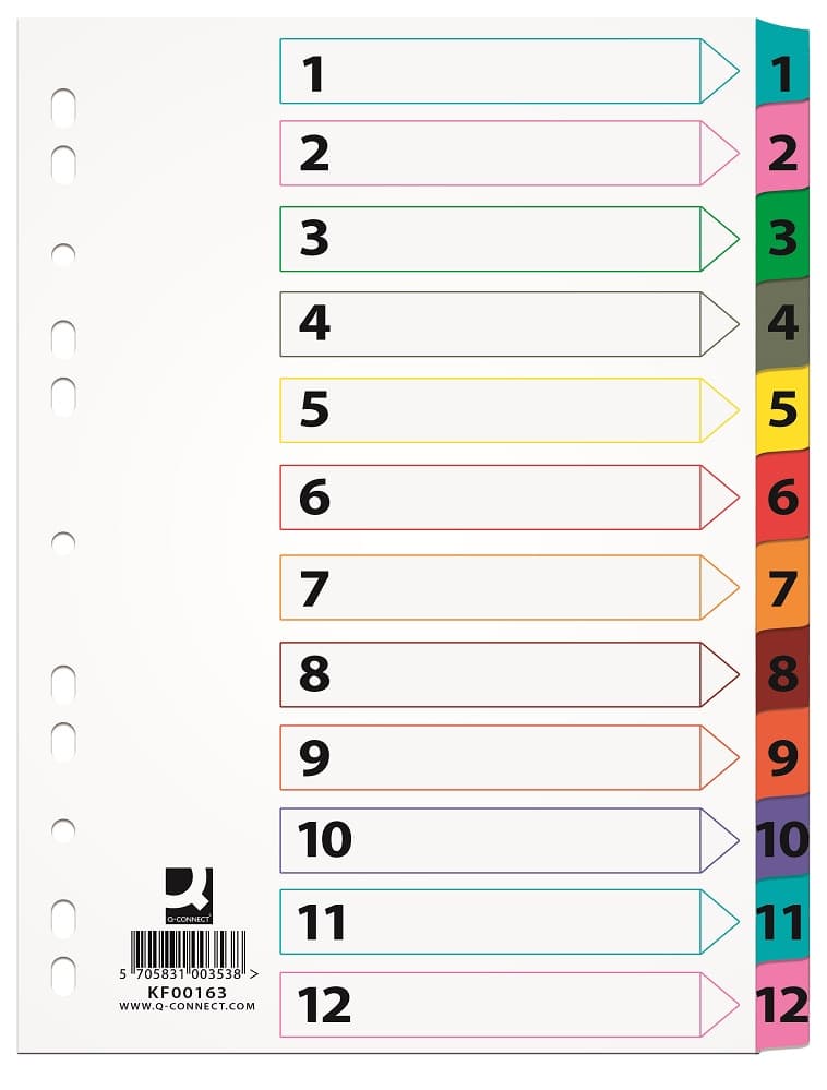 Index carton alb Mylar numeric 1-12, margine PP color, A4, 170g/mp, Q-Connect