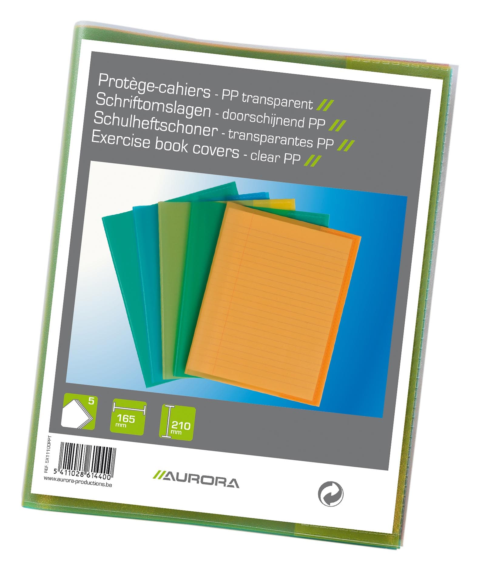 Coperta PP - 120 microni, pentru caiet A5, 5 buc/set, AURORA - transparent color asortate