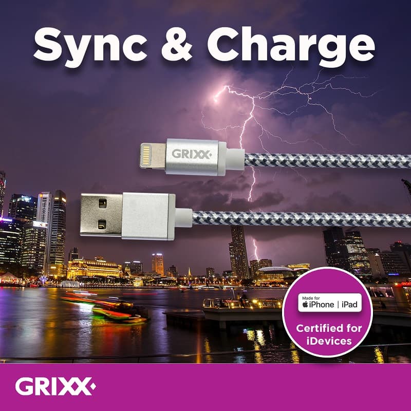 Cablu date GRIXX - 8-pin to USB Apple MFI License, impletit, lungime 3m - gri/alb
