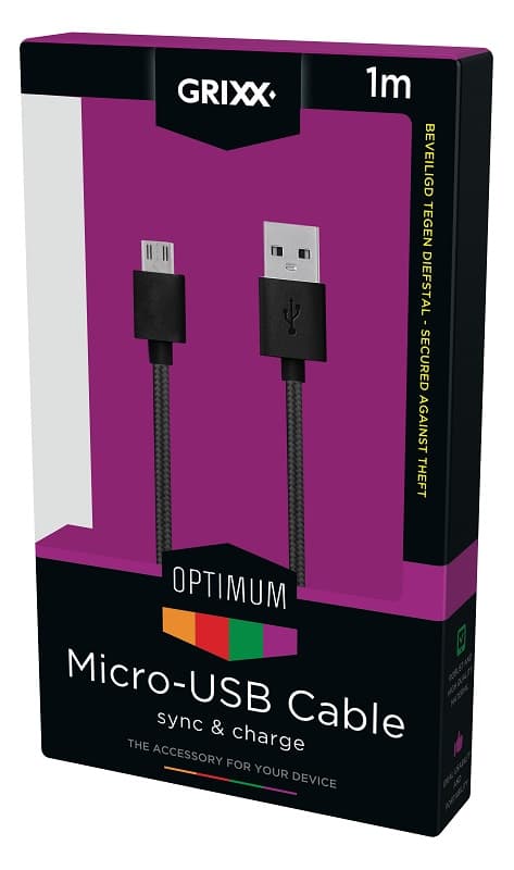 Cablu date GRIXX Optimum - Micro USB to USB, impletit, lungime 1m - negru
