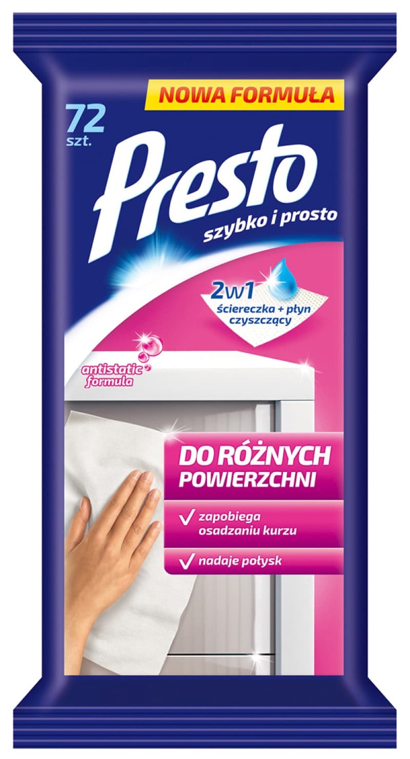 Servetele umede pentru suprafete din plastic sau laminate, 72 buc/pachet, Presto - efect antistatic