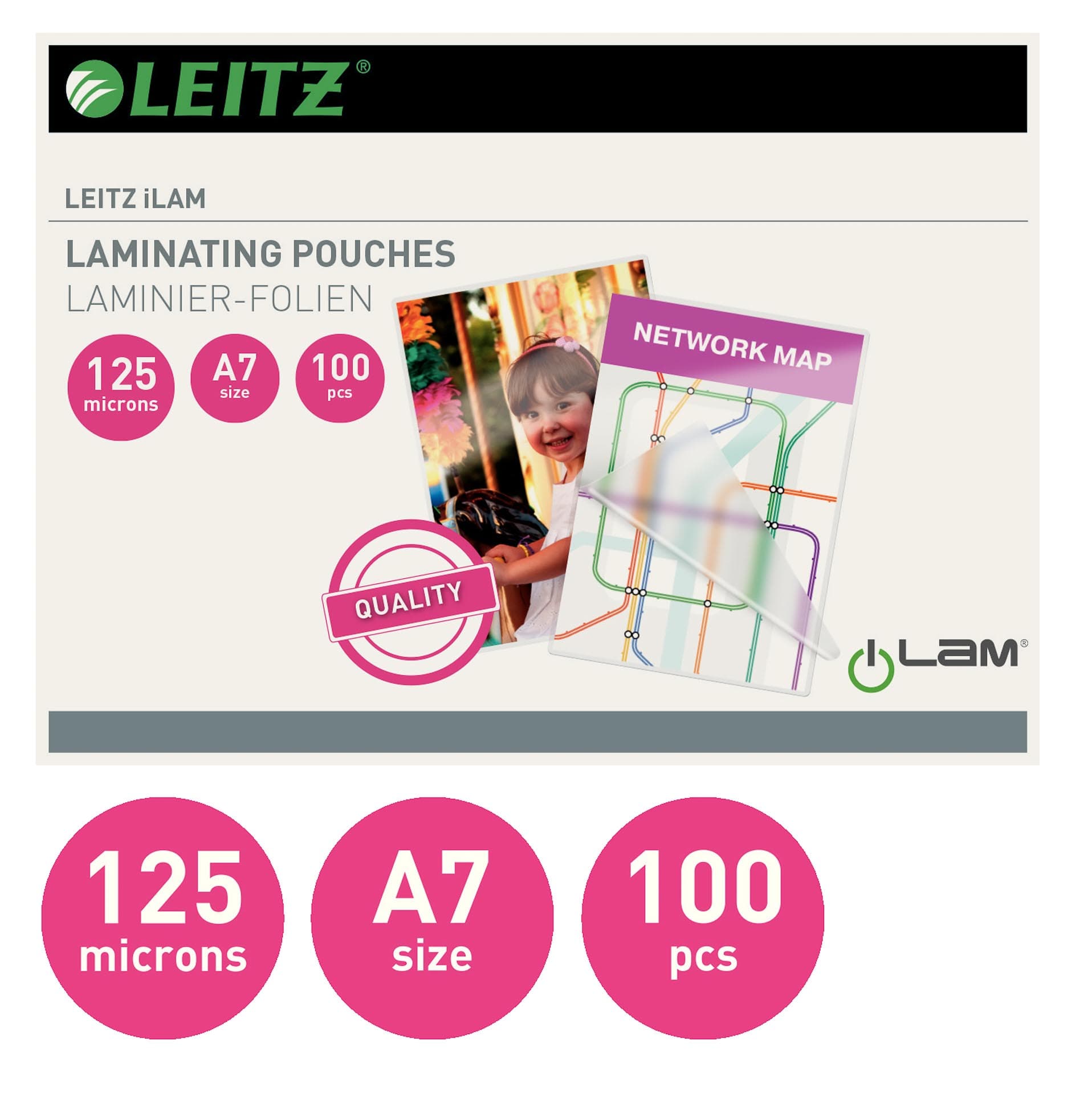Folie laminare LEITZ, la cald, A7, 125 mic, 100 buc/set