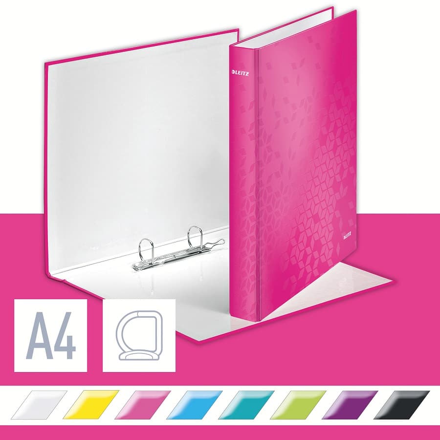Caiet mecanic Leitz WOW, carton laminat, partial reciclat, FSC, A4, mecanism 2DR, inel 25 mm, roz