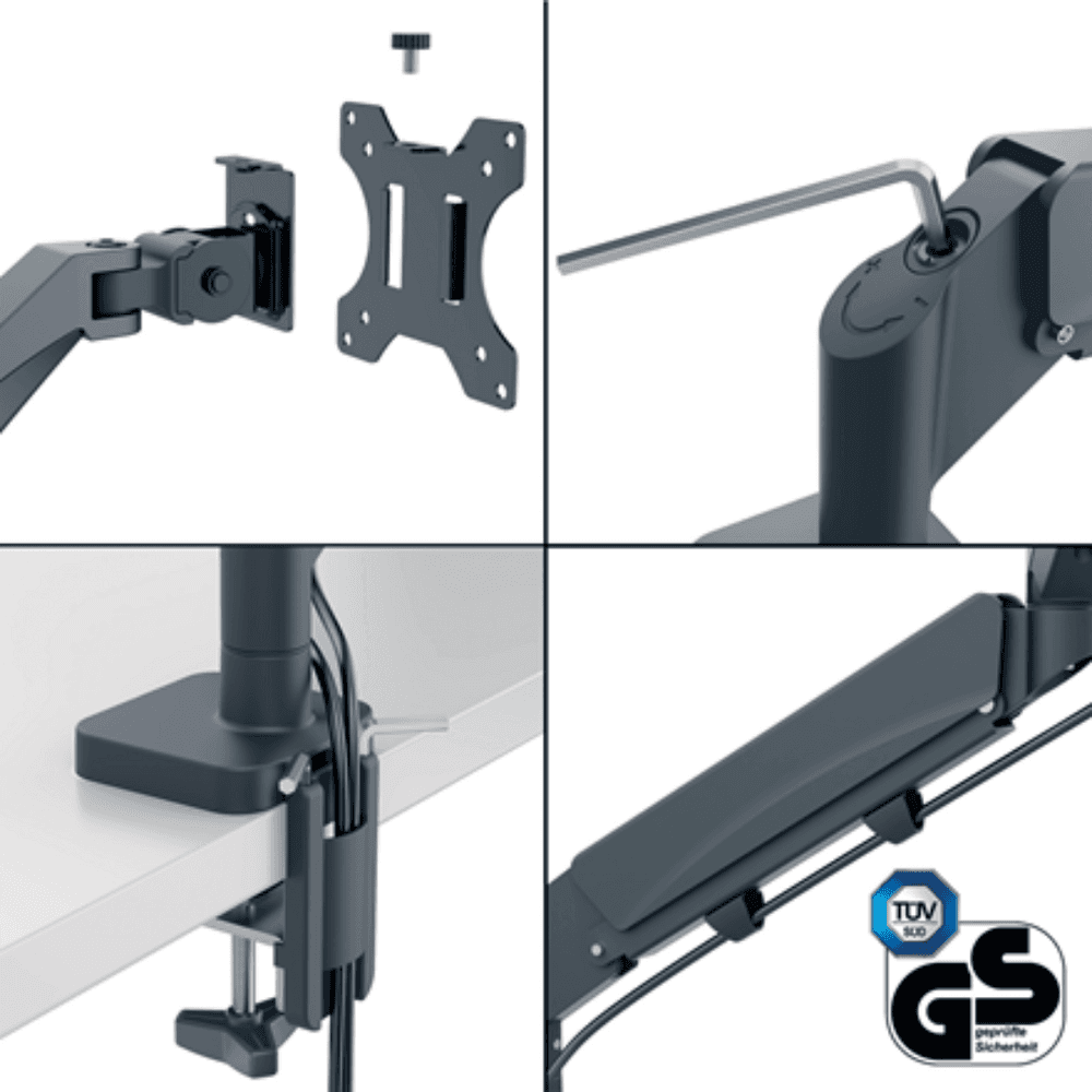 Suport pentru monitor LEITZ Ergo, 2 brate, cu fixare pe birou, suport pentru laptop inclus, gri-
