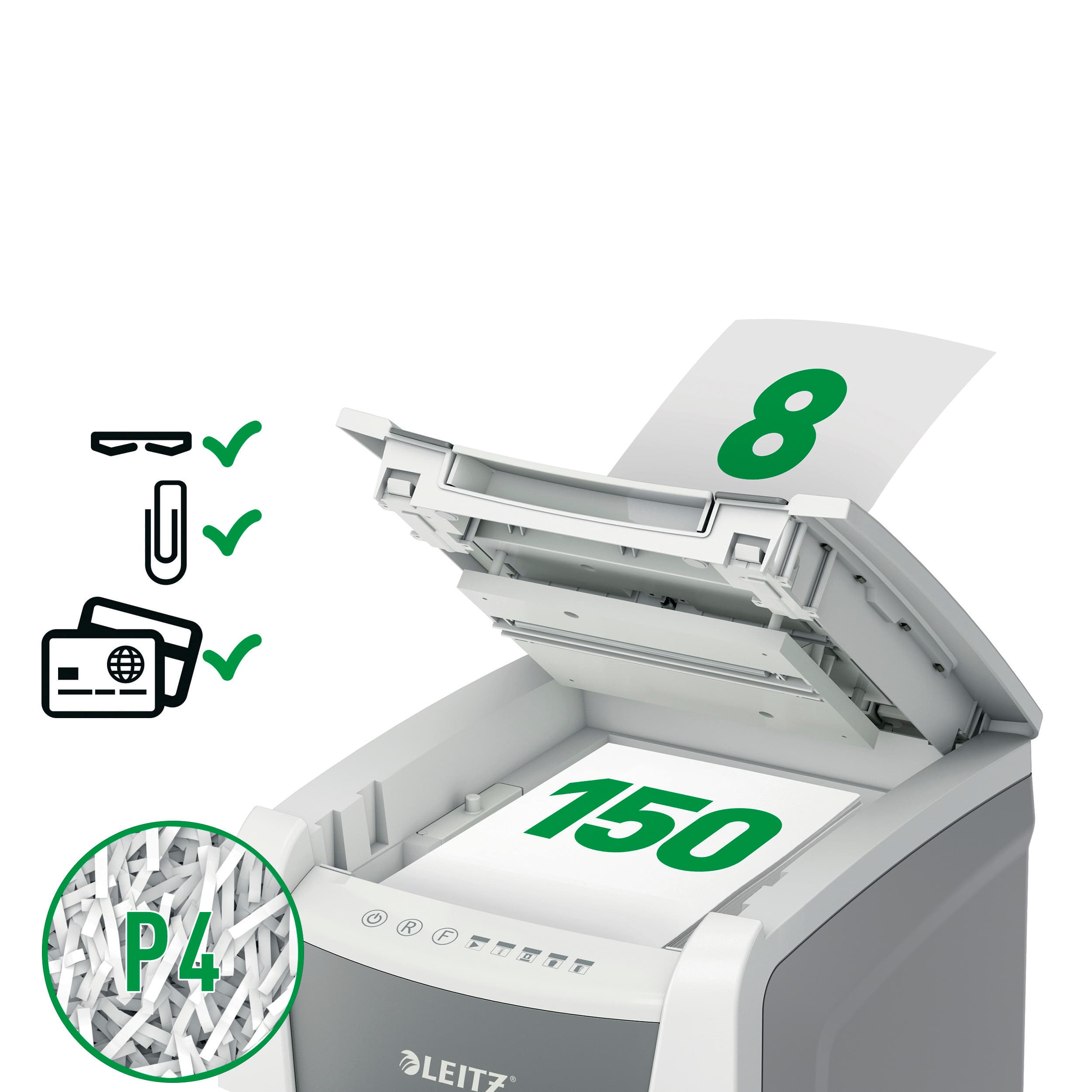 Distrugator documente automat LEITZ IQ Office, P4, cross-cut (confeti), 150 coli, cos 44l, alb-gri