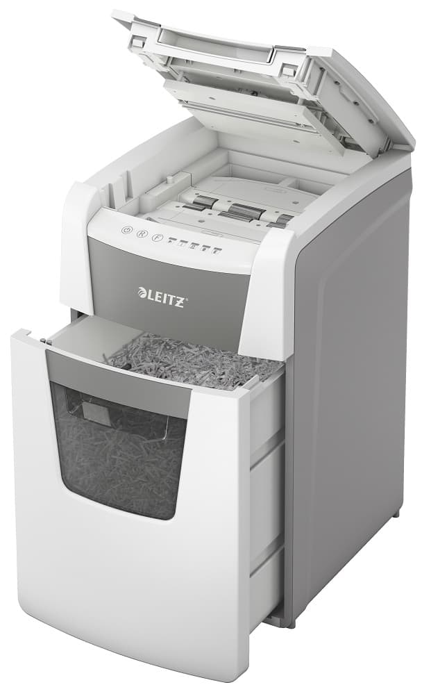 Distrugator documente automat LEITZ IQ Office, P5, micro-cut (particule), 150 coli, cos 44l, alb-gri