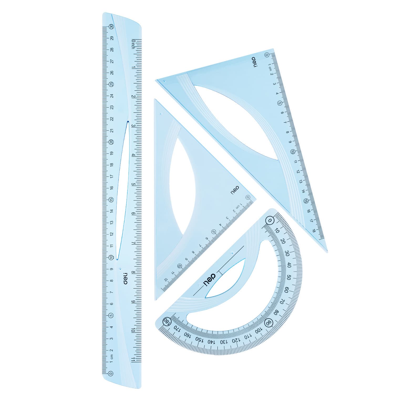 SET GEOMETRIE 4 PIESE ALBASTRU TRANSPARENT (RIG30CM, ECH*2, RAP) DELI