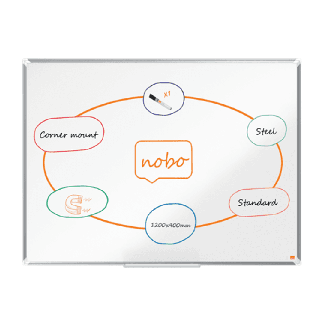 Tabla NOBO Premium Plus, otel lacuit, 120x90 cm, magnetica, include marker si tavita, alb