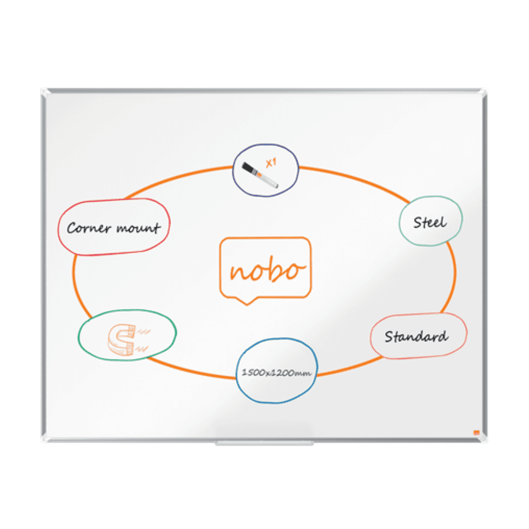 Tabla NOBO Premium Plus, otel lacuit, 150x120 cm, magnetica, include marker si tavita, alb