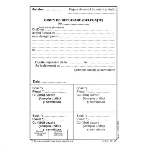 Ordin deplasare MODEL VECHI A5, 100 coli/carnet - vertical