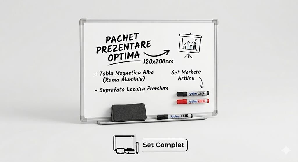 Set Complet Prezentare : Tabla magnetica 120x200 cm, alba cu rama din aluminiu Optima+ burete magnetic+ markere tabla magnetica