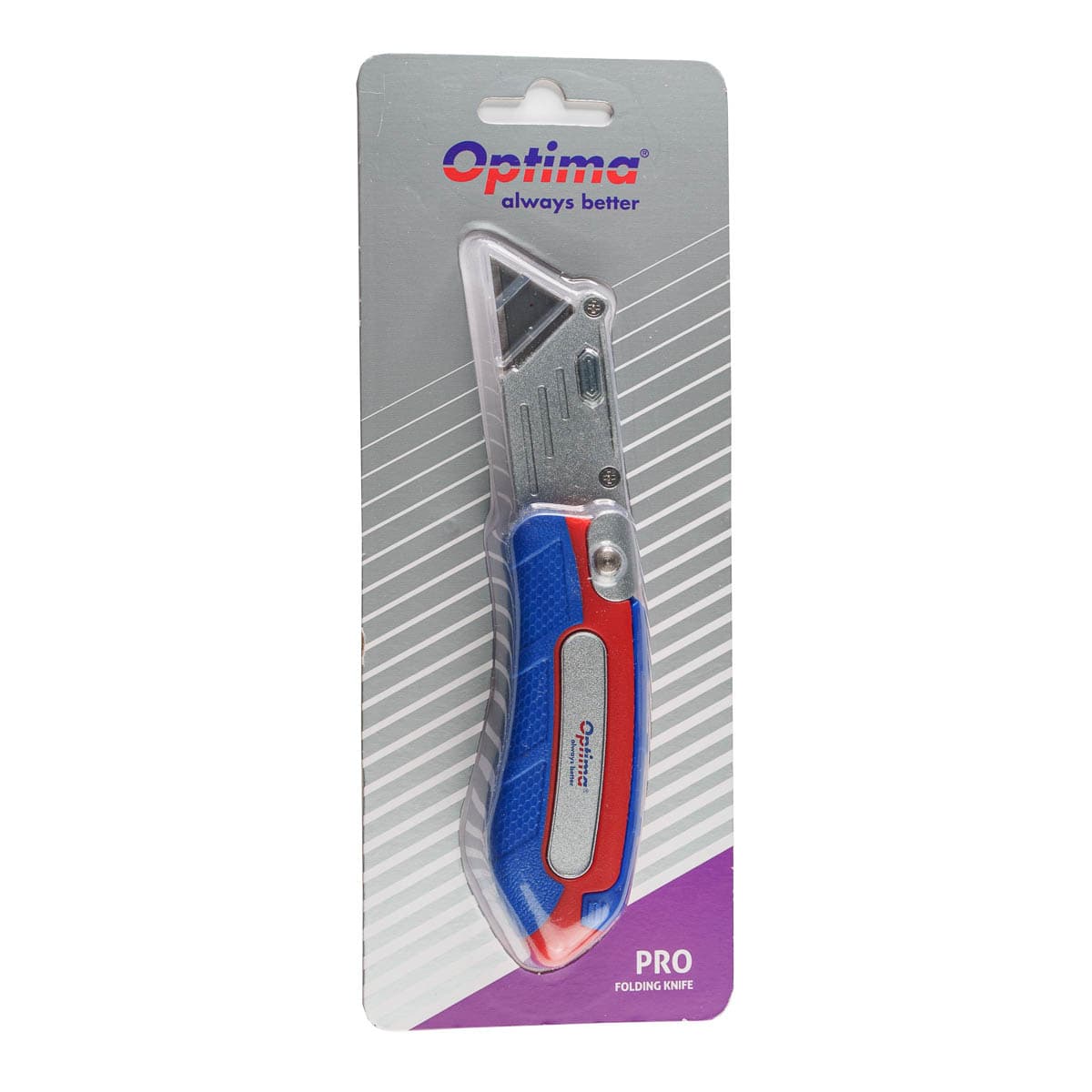 Cutter Optima Pro, lama trapezoidala + 2 rezerve SK5, pliabil, clips curea, zinc cu rubber grip