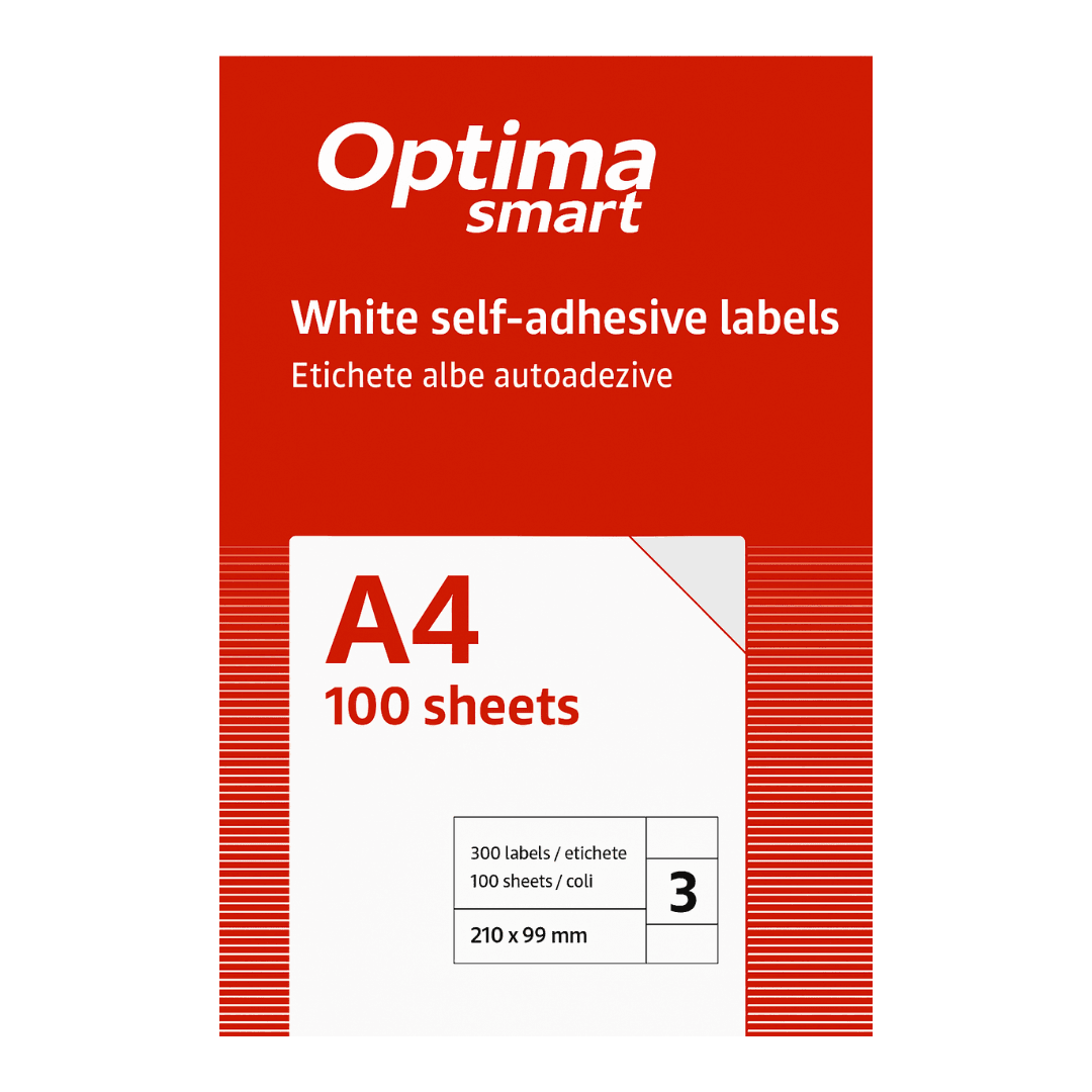 Etichete albe autoadezive 3/A4, 210 x 99 mm, 100 coli/top, Optima Smart