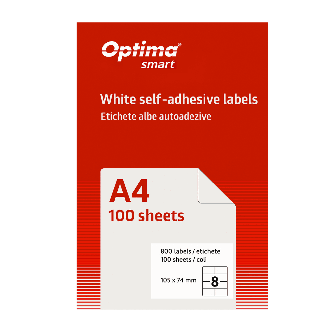 Etichete albe autoadezive 8/A4, 105 x 74 mm, 100 coli/top, Optima Smart