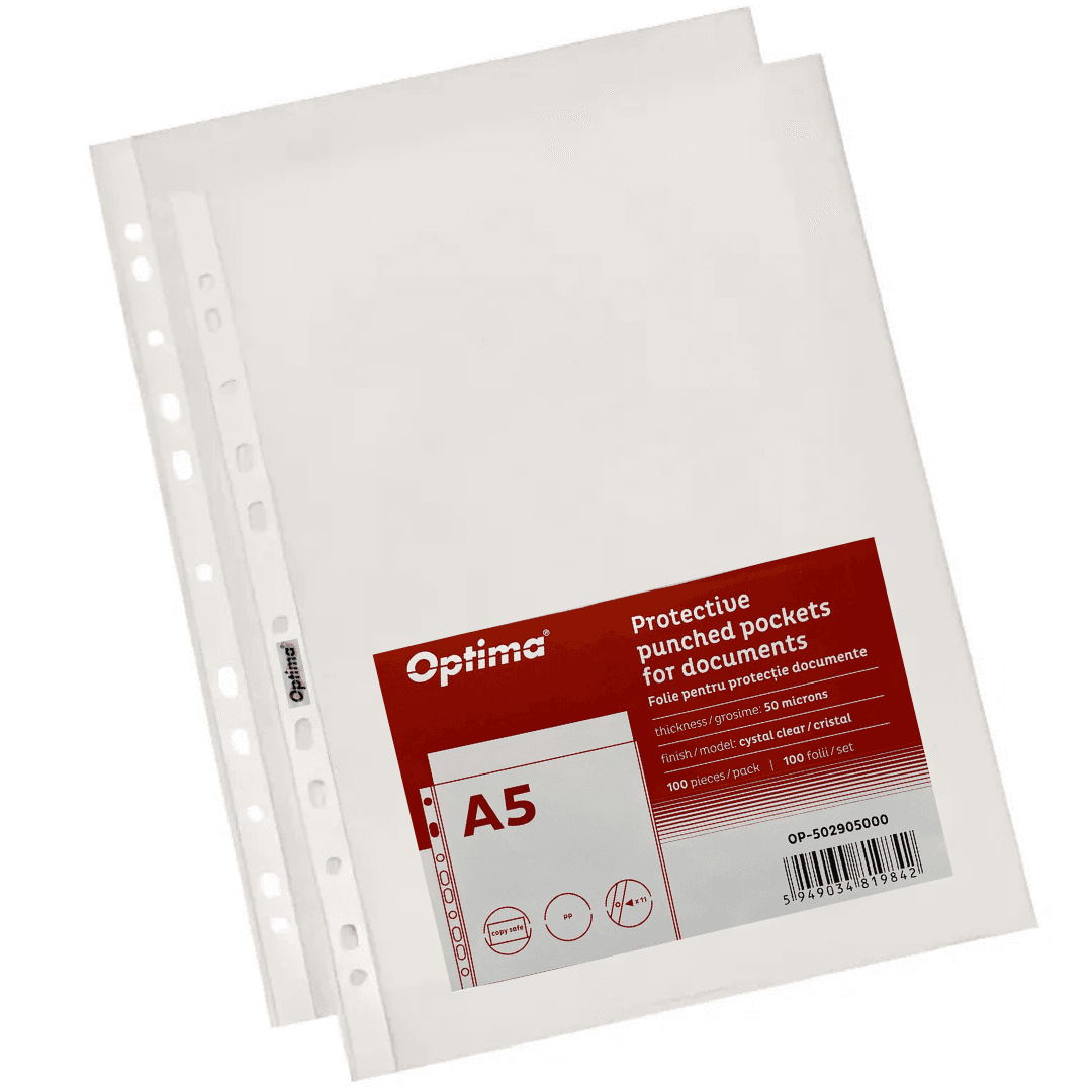 Folie protectie pentru documente A5, 50 microni, 100 folii/set, Optima Classic - cristal